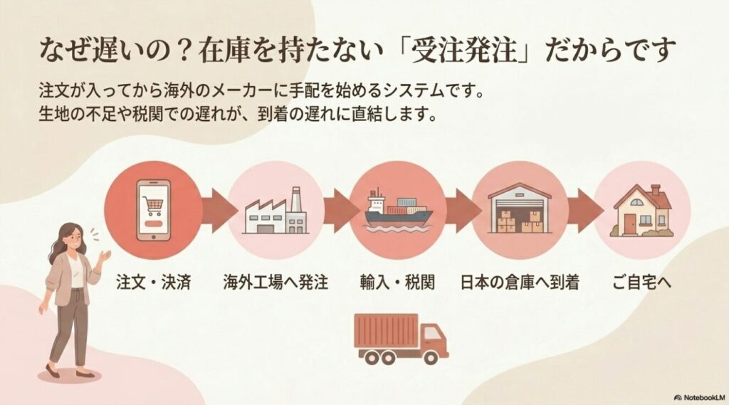 リュミエの発送が遅い理由である海外からの受注発注システムの流れ