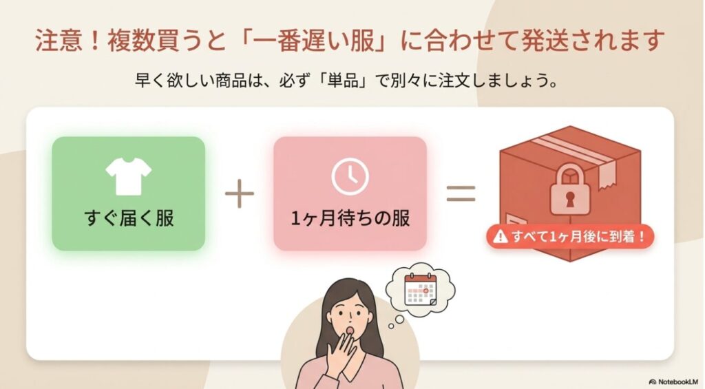複数購入時は一番遅い服に合わせて一括発送される仕組みの図解