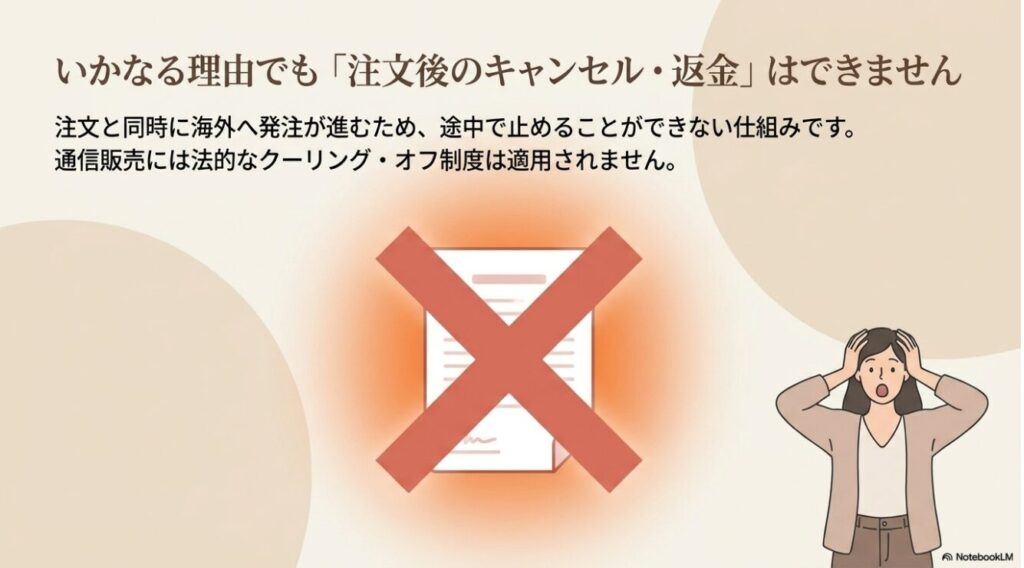 注文後のキャンセルや返金がいかなる理由でもできないことを示す図