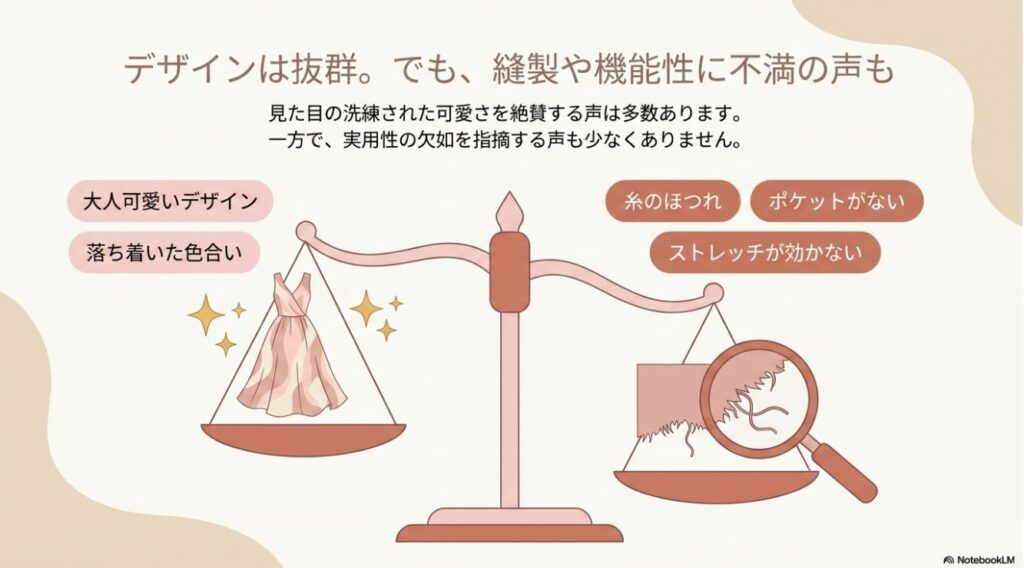 大人可愛いデザインと糸のほつれなど品質面の不満を比較する天秤