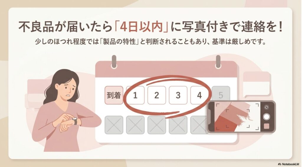 不良品が届いた場合は4日以内に写真付きで連絡する必要があることを示す図