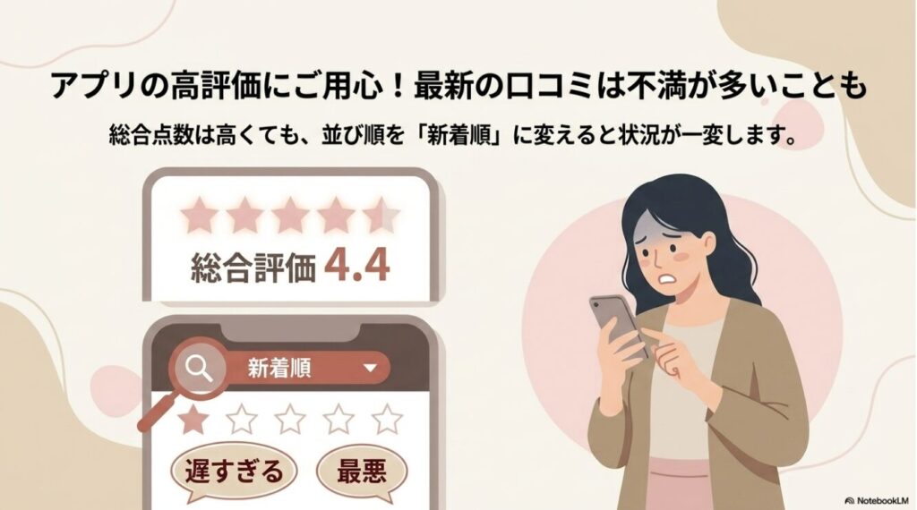 総合評価は高いが新着順にすると低評価の口コミが多いことを示す図