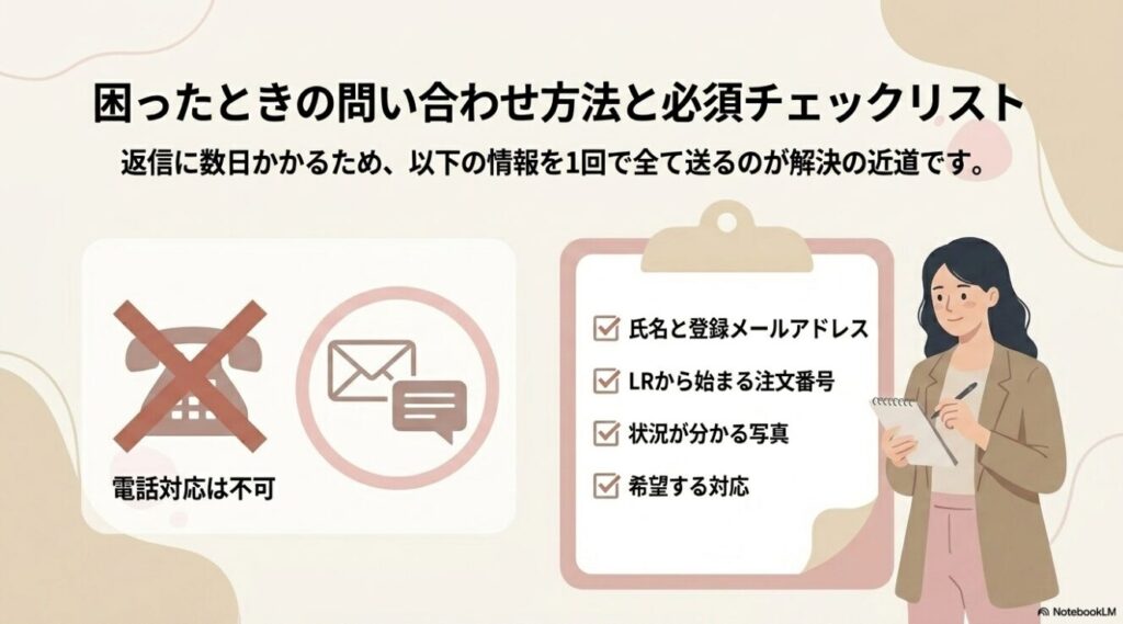 問い合わせ時に必要な注文番号や写真などの情報チェックリスト