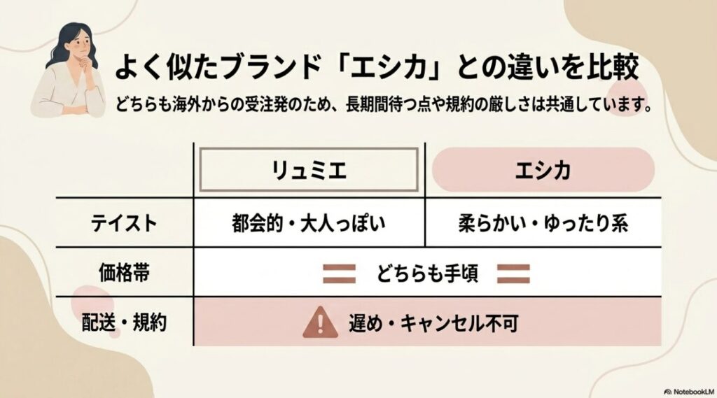 リュミエと似ているブランドであるエシカの特徴を比較した表
