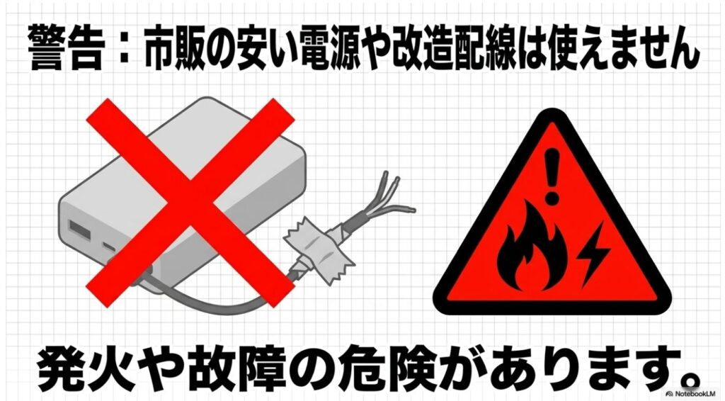 発火や故障の危険があるため市販の安い電源や改造配線は使えないという警告