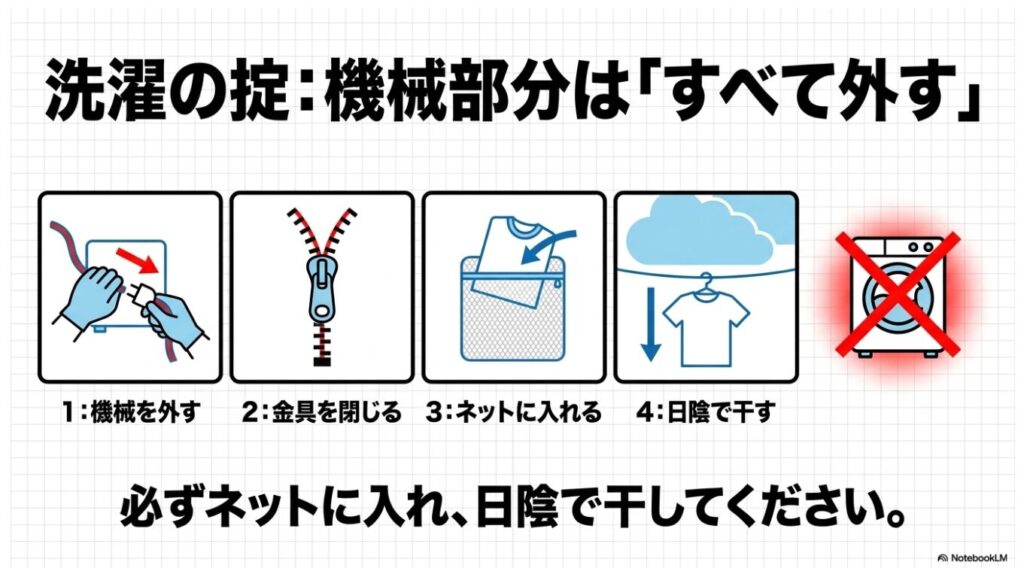 機械部分をすべて外し金具を閉じてネットに入れ日陰で干すというルール
