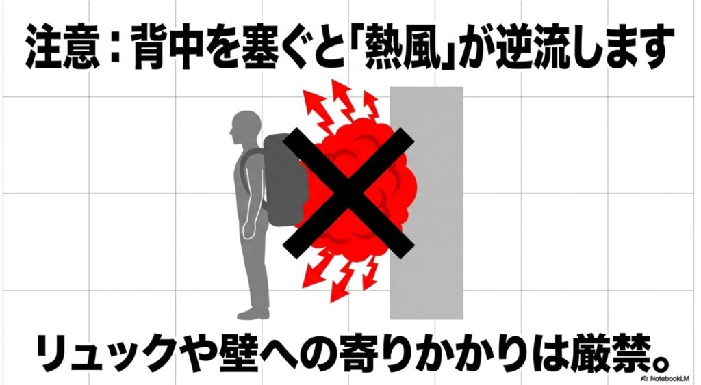 リュックや寄りかかりで背中を塞ぐと熱風が逆流するという注意喚起