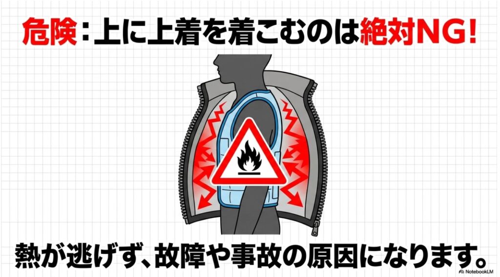熱が逃げず故障や事故の原因になるため上に上着を着こむのは絶対NGという警告
