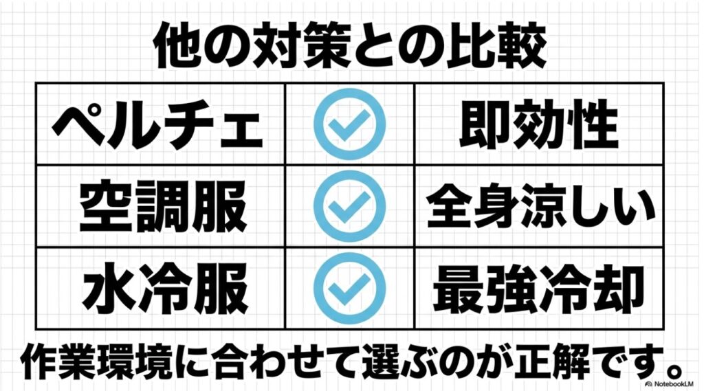 ペルチェ服と空調服と水冷服の即効性や冷却範囲の比較