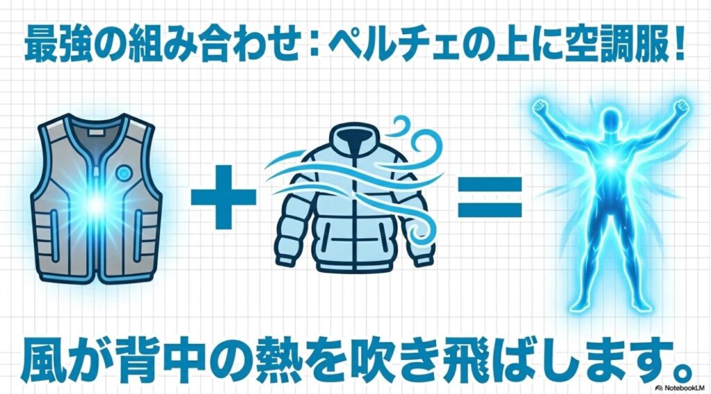 ペルチェベストの上に空調服を着ることで風が背中の熱を吹き飛ばす最強の組み合わせ