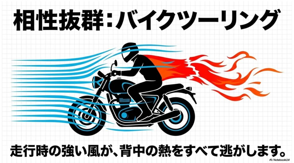 走行時の強い風が背中の熱を逃がすためバイクツーリングとは相性抜群
