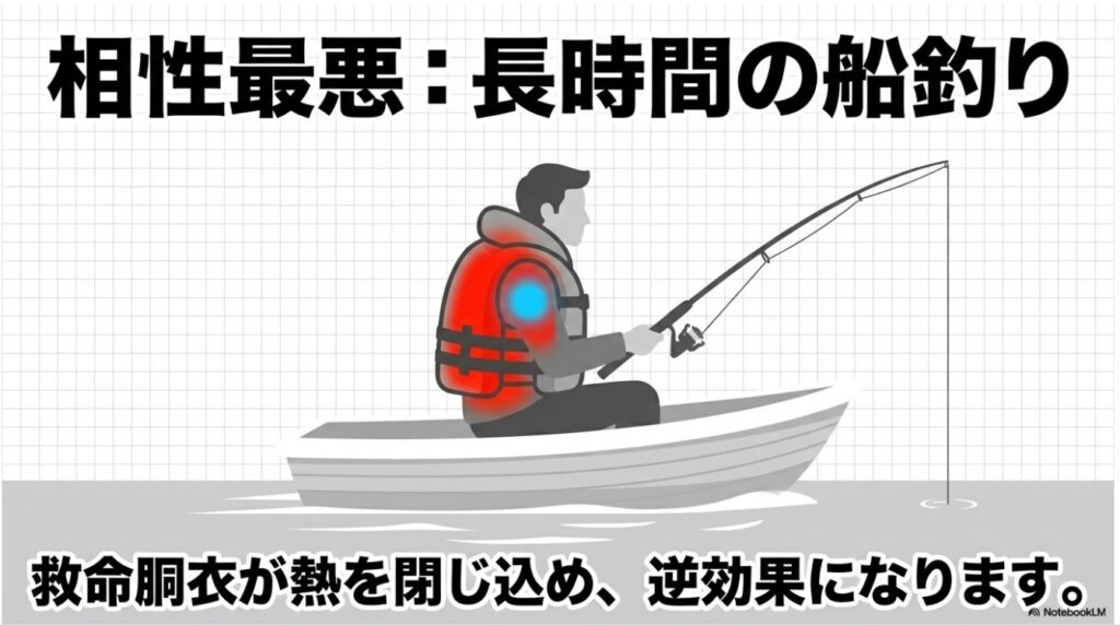 救命胴衣が熱を閉じ込め逆効果になるため長時間の船釣りとは相性最悪