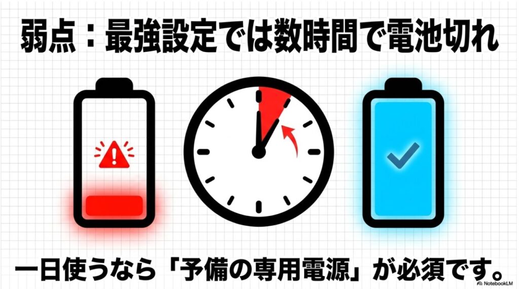 最強設定では数時間で電池切れになり一日使うなら予備の専用電源が必須という弱点