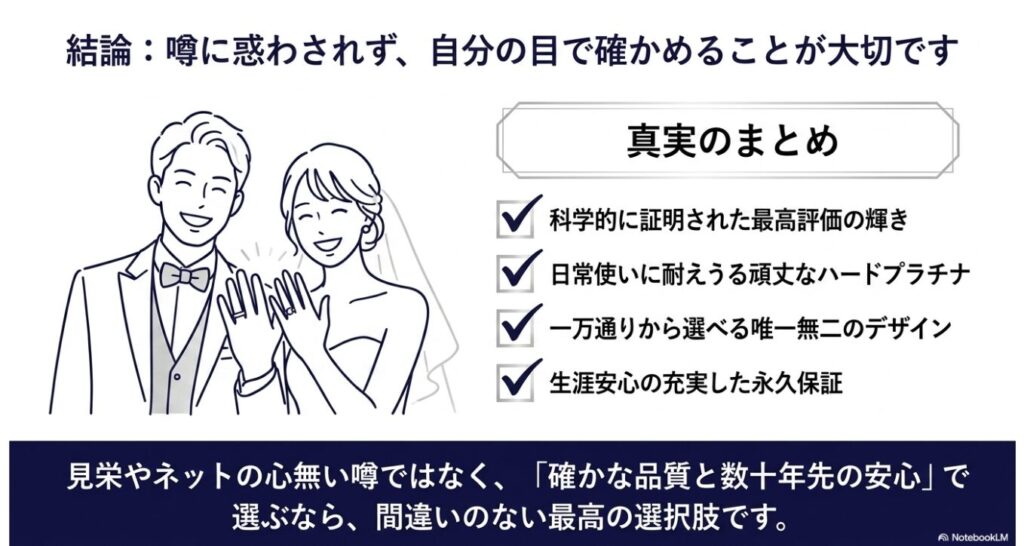 充実した保証と品質を理解し笑顔で結婚指輪を見せる新郎新婦の姿