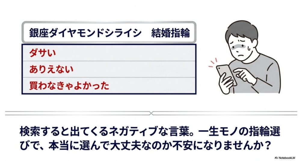 ネガティブな検索結果を見て不安な表情でスマホを操作する男性