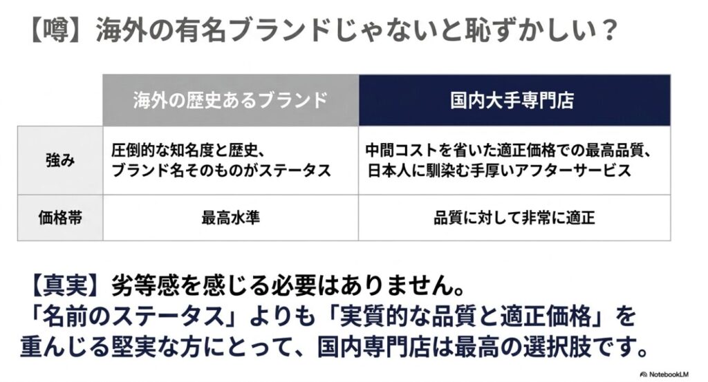 海外の歴史あるブランドと国内大手専門店の強みや価格帯の比較表