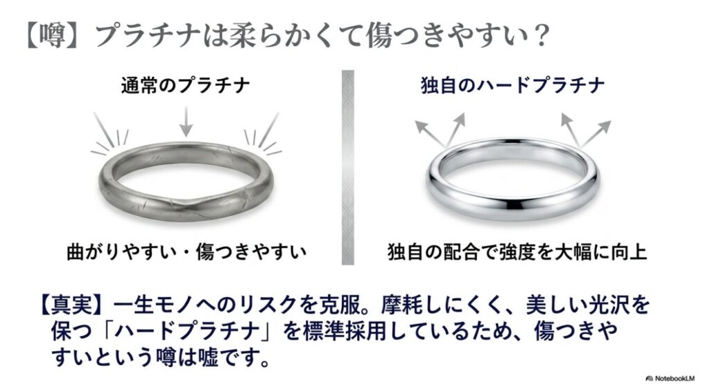 傷つきやすい通常のプラチナと強度を向上させた独自のハードプラチナの比較