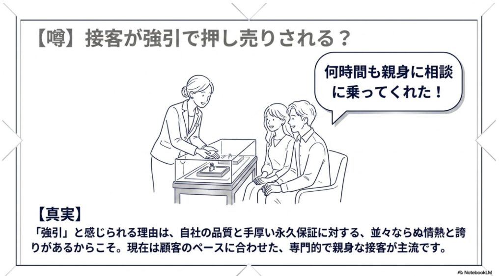 ショーケース越しにコンシェルジュから親身な提案を受けるカップル