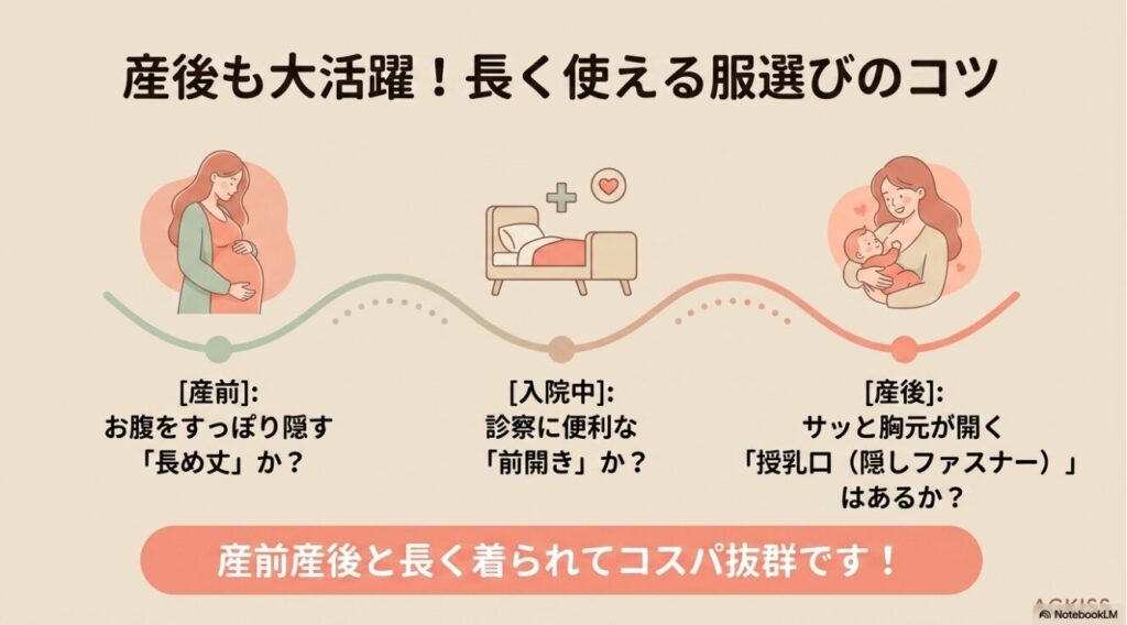 妊娠中から入院時の前開きや産後の授乳口まで対応するマタニティ服のコツ