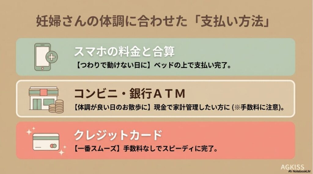 つわり時や体調が良い日など状況で選べるスマホ合算やコンビニ払いの特徴