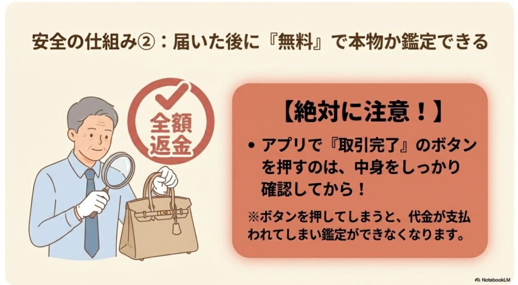 商品受取後に本物かどうかを確認でき偽物の場合は全額返金される制度の図表