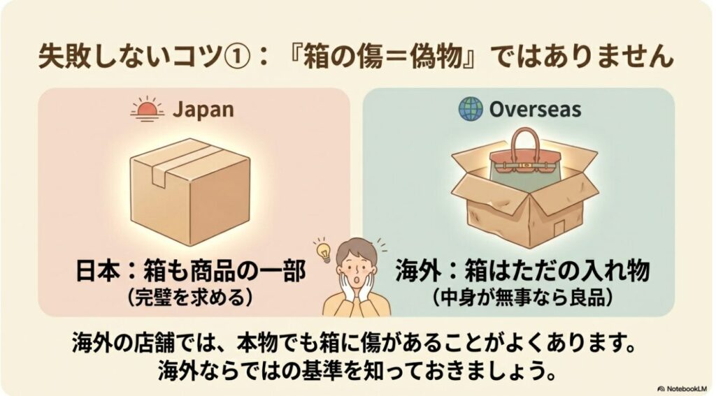 箱の傷に対する国内と海外の認識の差を説明したイラスト
