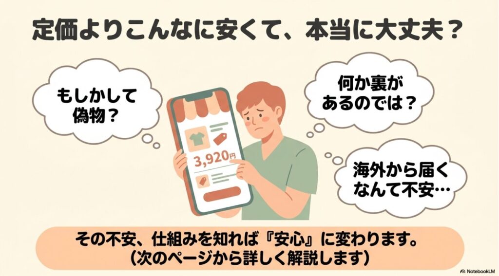 安すぎる価格設定から生じる偽物や裏事情への懸念を示すイラスト