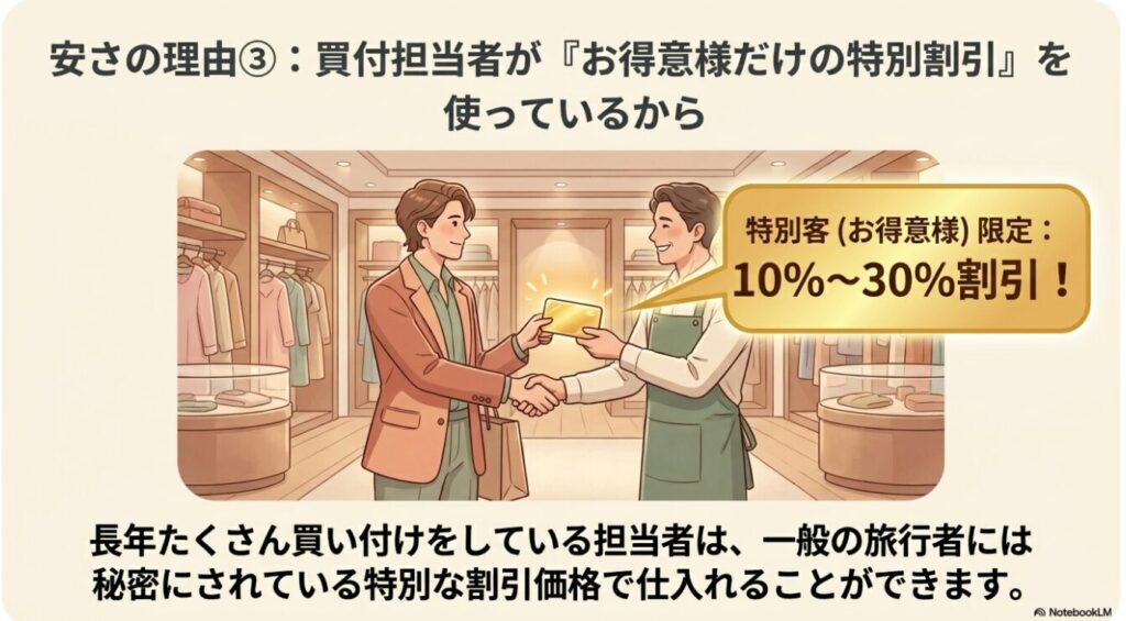 買付担当者が利用する10から30パーセントの割引優待を表現したイラスト