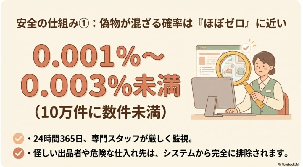専門スタッフによる24時間体制のパトロールと極めて低い偽物発生率の解説