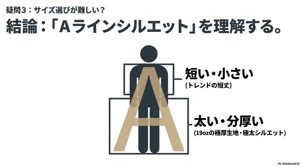 Blemeの服のサイズ感が短いトップスと太いボトムスによるAラインシルエットであることを示す図解