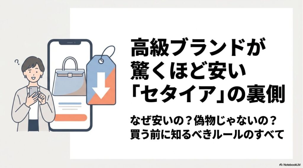 スマートフォンでブランドバッグをお得に購入する女性のイラスト