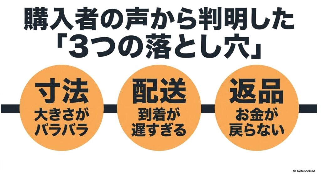 サイズのばらつきや配送遅延などユーザーが直面する問題