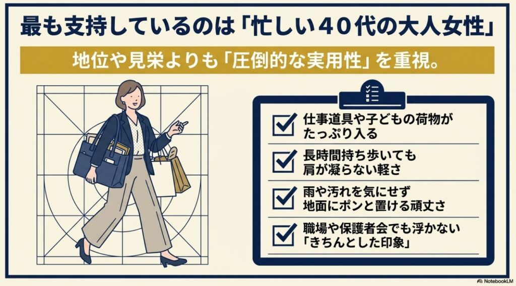 仕事や子育てに使いやすい大容量の鞄を持ち歩く大人女性のイラスト
