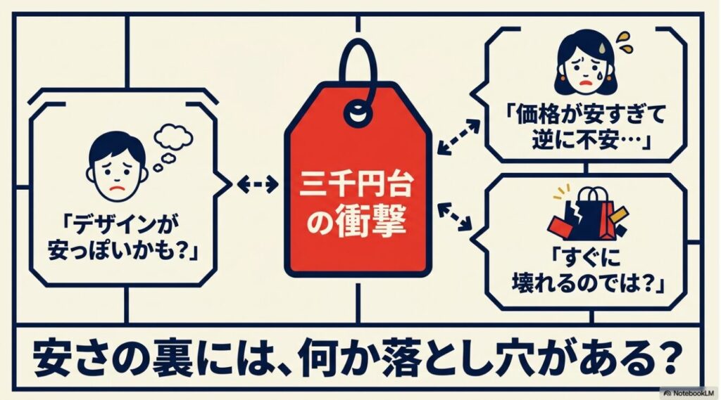 すぐに壊れるのではないかと価格設定に疑問を持つ女性のイラスト