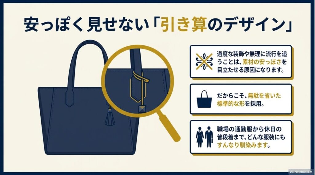 過度な装飾を省き様々な服装に馴染む標準的なバッグの形