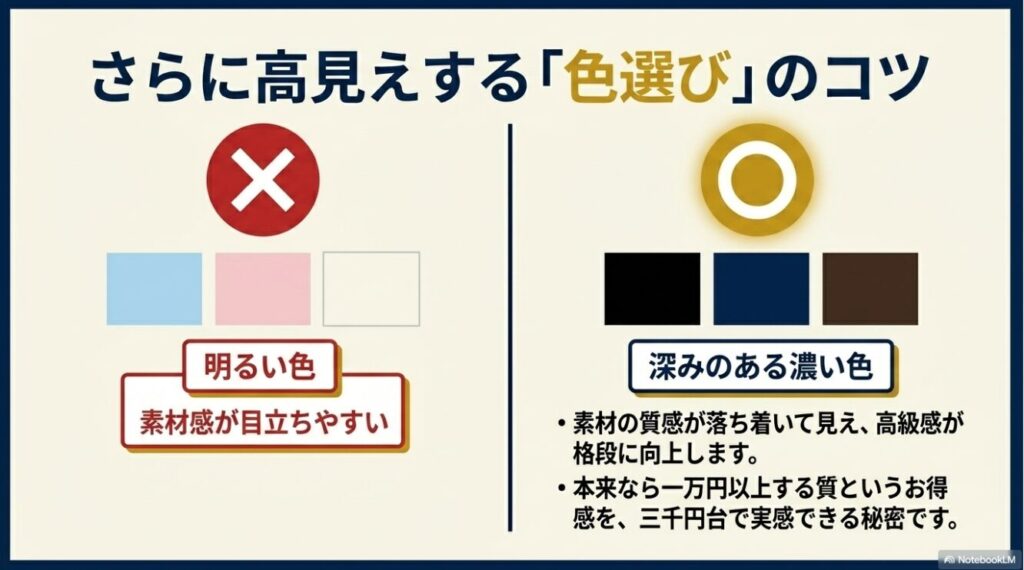 素材感が目立つ明るい色を避け深みのあるカラーを推奨する図解