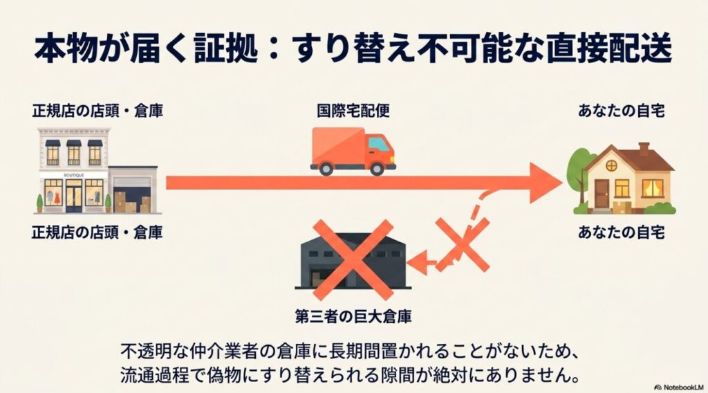 海外の正規店から自宅へ直送されるルート図