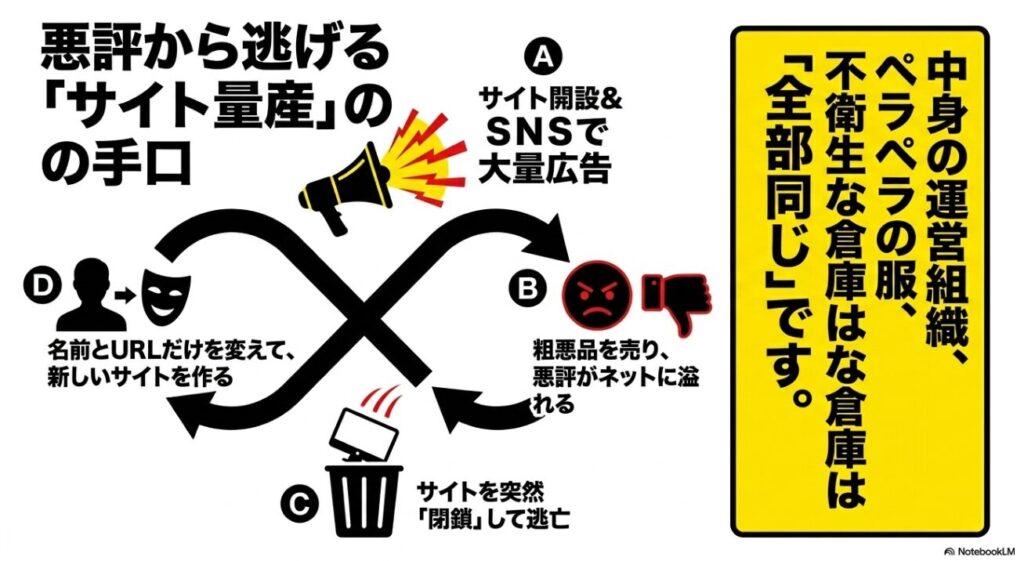 名前とURLだけを変えて詐欺的販売を繰り返す実態