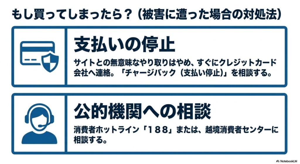 支払いの停止や公的機関への相談を促すアイコン