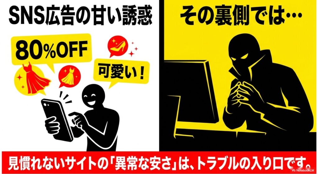 スマートフォンで激安広告を見て喜ぶ消費者のイラスト