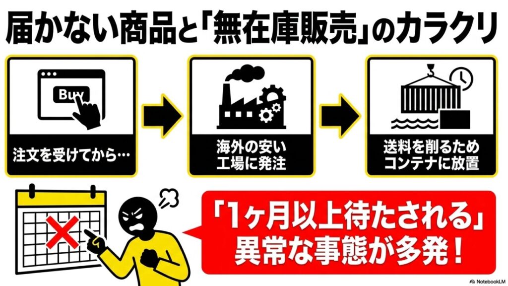 海外工場からの発送で1ヶ月以上待たされるトラブルの図解