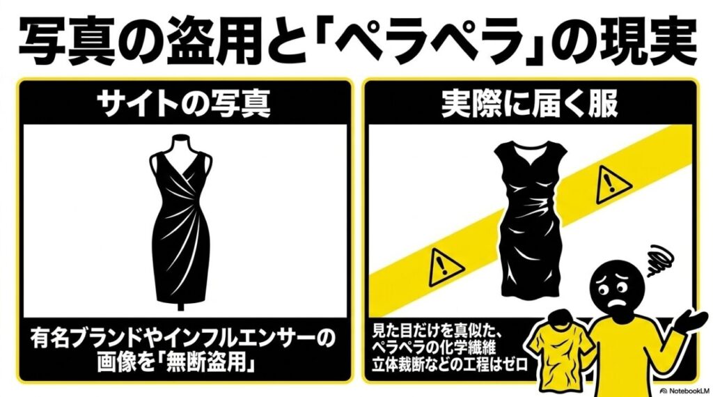 サイトの綺麗な写真と実際に届く質の低い服の比較
