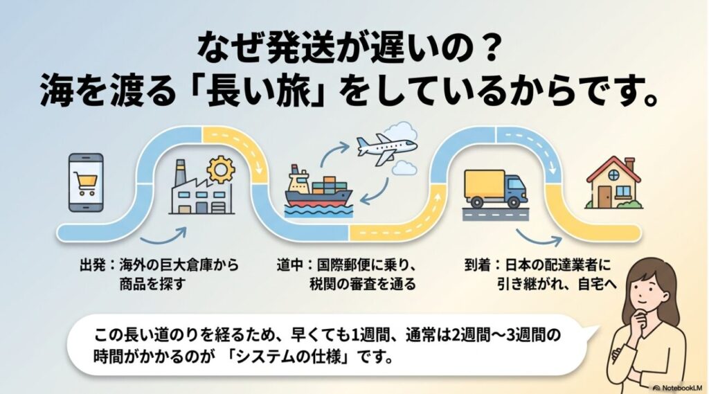 海外から商品が発送され税関を通る物流ルートの図解