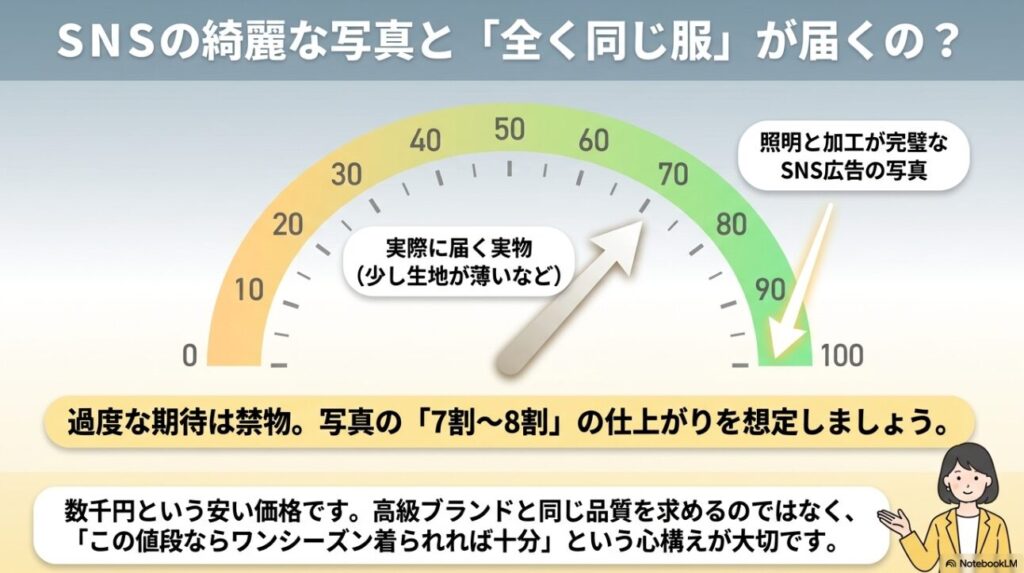 広告画像と実際に届く服の期待値を表したグラフ