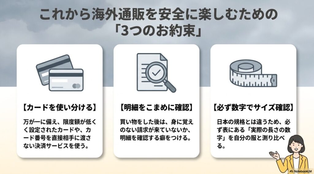 クレジットカード明細やサイズ確認を促す案内