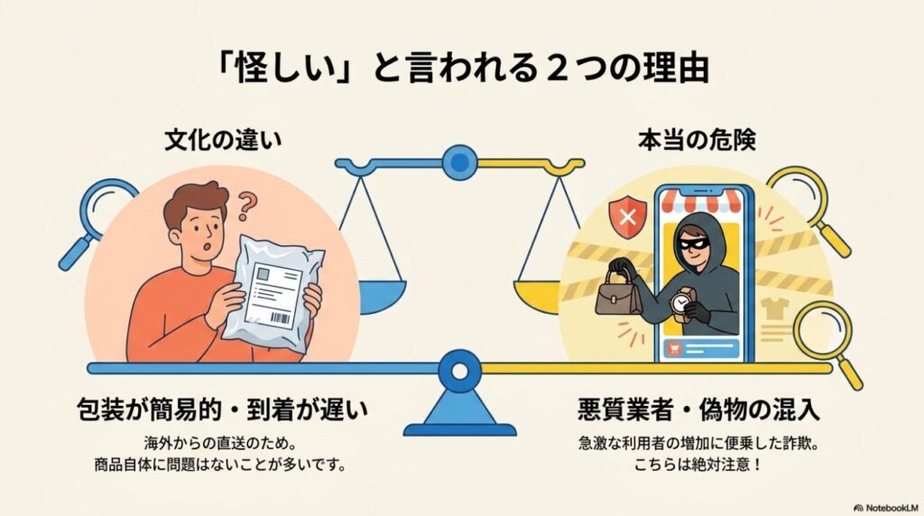 包装や到着日数の文化の違いと悪質業者の混入というTikTokショップが疑われる原因の比較