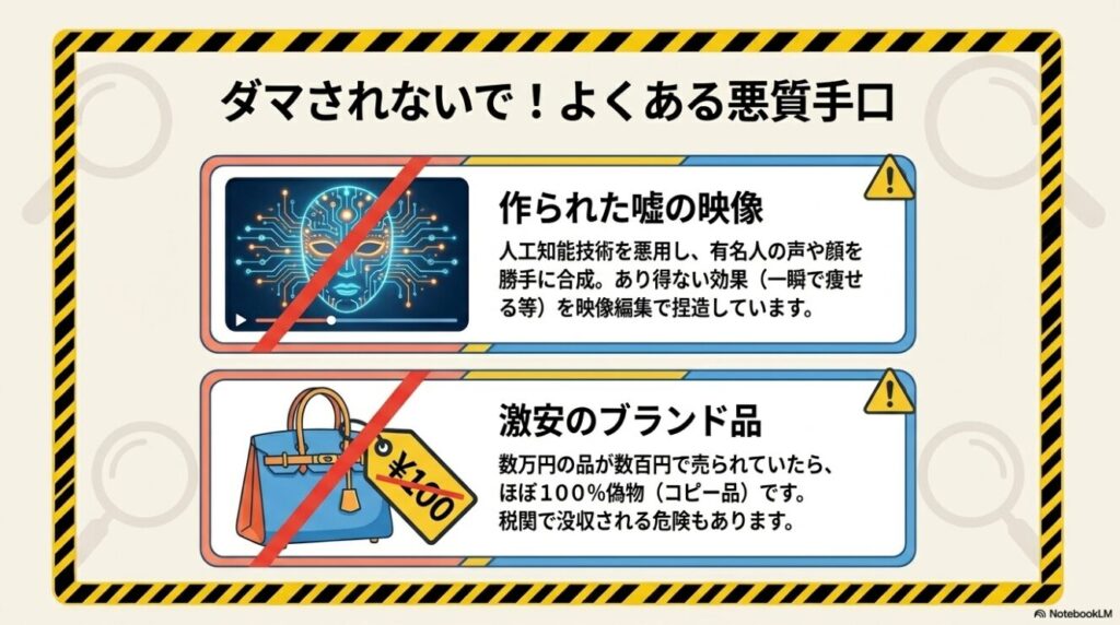 AI技術を悪用した嘘の映像や数百円で売られている偽物コピー品への注意喚起