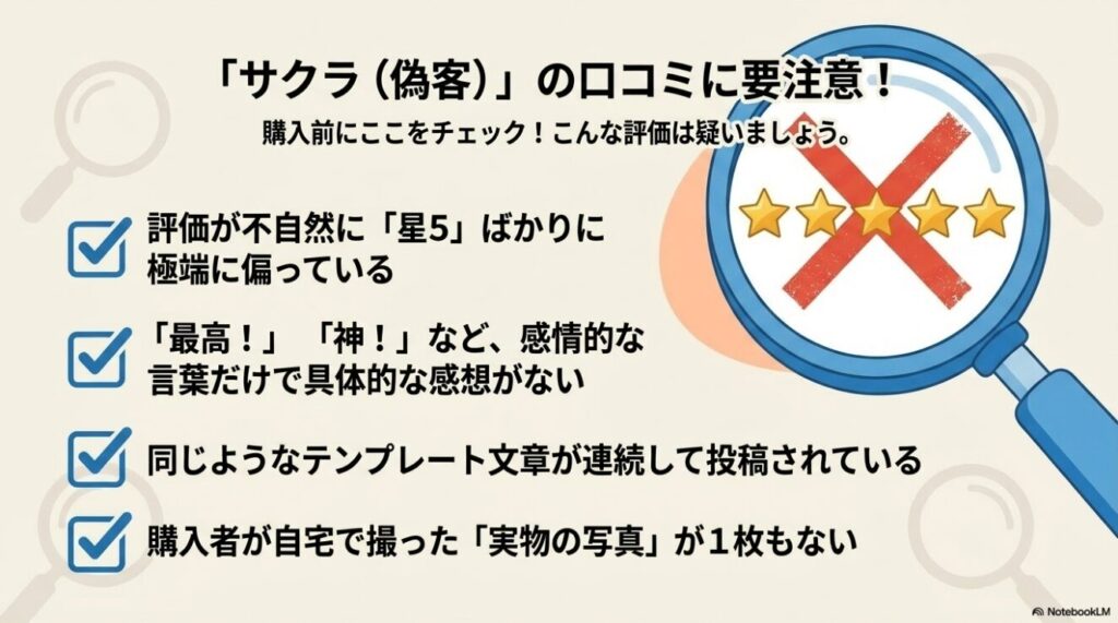 不自然な星5評価や感情的な言葉だけが並ぶ偽客レビューの特徴と注意点