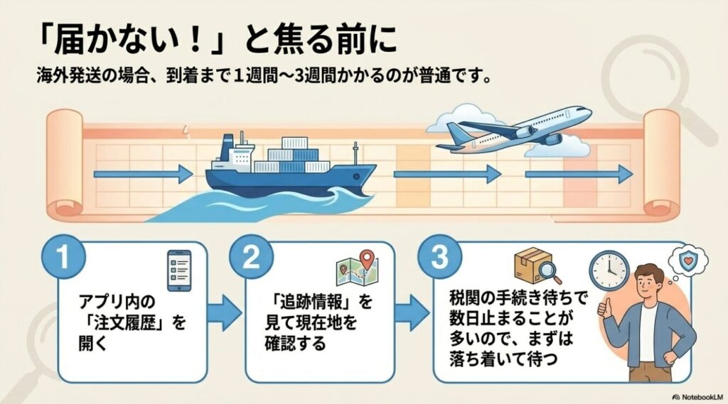 海外発送にかかる目安期間とアプリ内から追跡情報を見て現在地を確認する方法