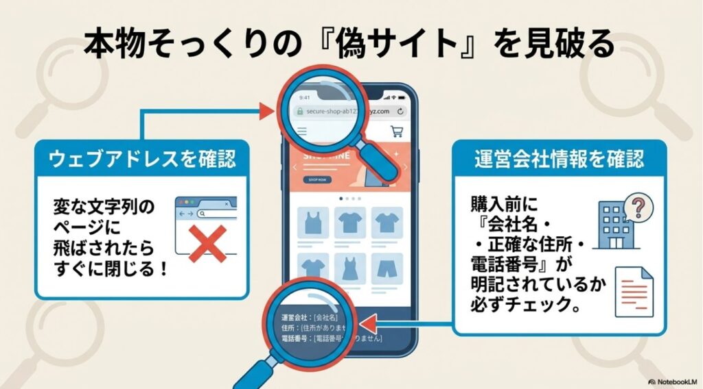 不自然なウェブアドレスや運営会社情報の記載漏れをチェックして偽サイトを見分けるポイント